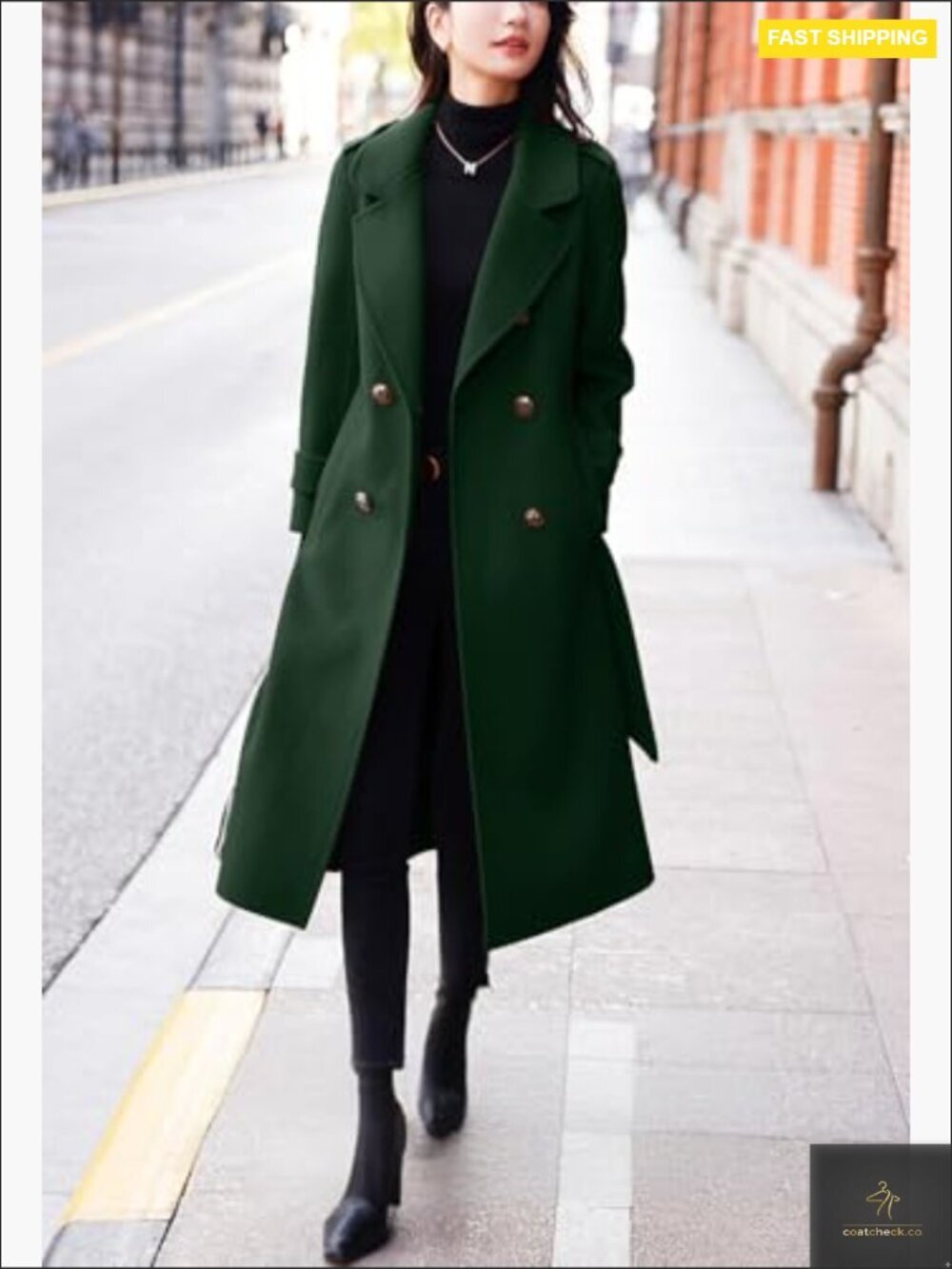 Wool Pea Coat Double Breasted Belted Midi Long Winter Overcoat Classic Chic - Picture 4 of 7
